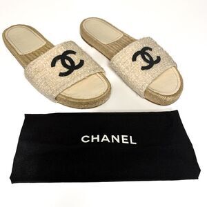 Chanel CC Espadrille Slide Sandals EU 40 US 9-9.5 Ivory Tweed Flat Slip On Logo